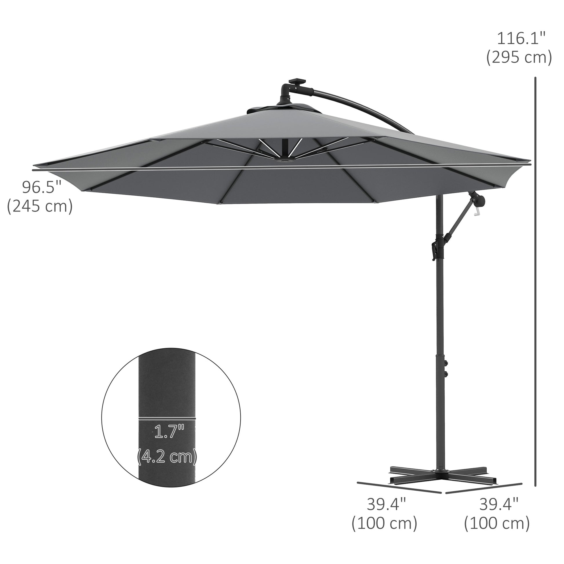 10ft Outdoor Cantilever Hanging Offset Umbrella with Solar LED Lights, Crank, Cross Base, Aluminum Frame, Grey Cantilever Umbrellas   at Gallery Canada