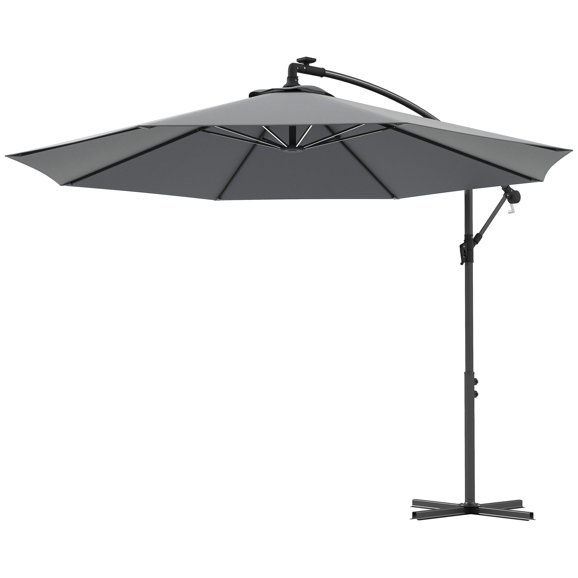 10ft Outdoor Cantilever Hanging Offset Umbrella with Solar LED Lights, Crank, Cross Base, Aluminum Frame, Grey Cantilever Umbrellas   at Gallery Canada