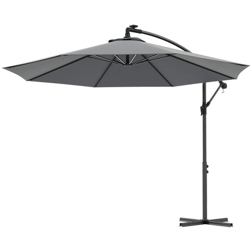 10ft Outdoor Cantilever Hanging Offset Umbrella with Solar LED Lights, Crank, Cross Base, Aluminum Frame, Grey