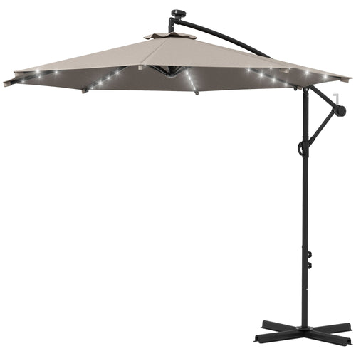 10ft Outdoor Cantilever Umbrella Banana Umbrella with Solar Lights and Adjustable Angle for Patio Backyard Khaki