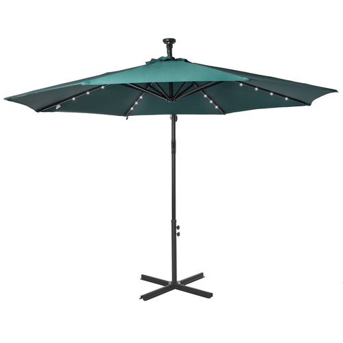 10ft Outdoor Cantilever Umbrella Patio Solor Banana Umbrella with Lights Adjustable Angle for Patio Backyard Dark Green