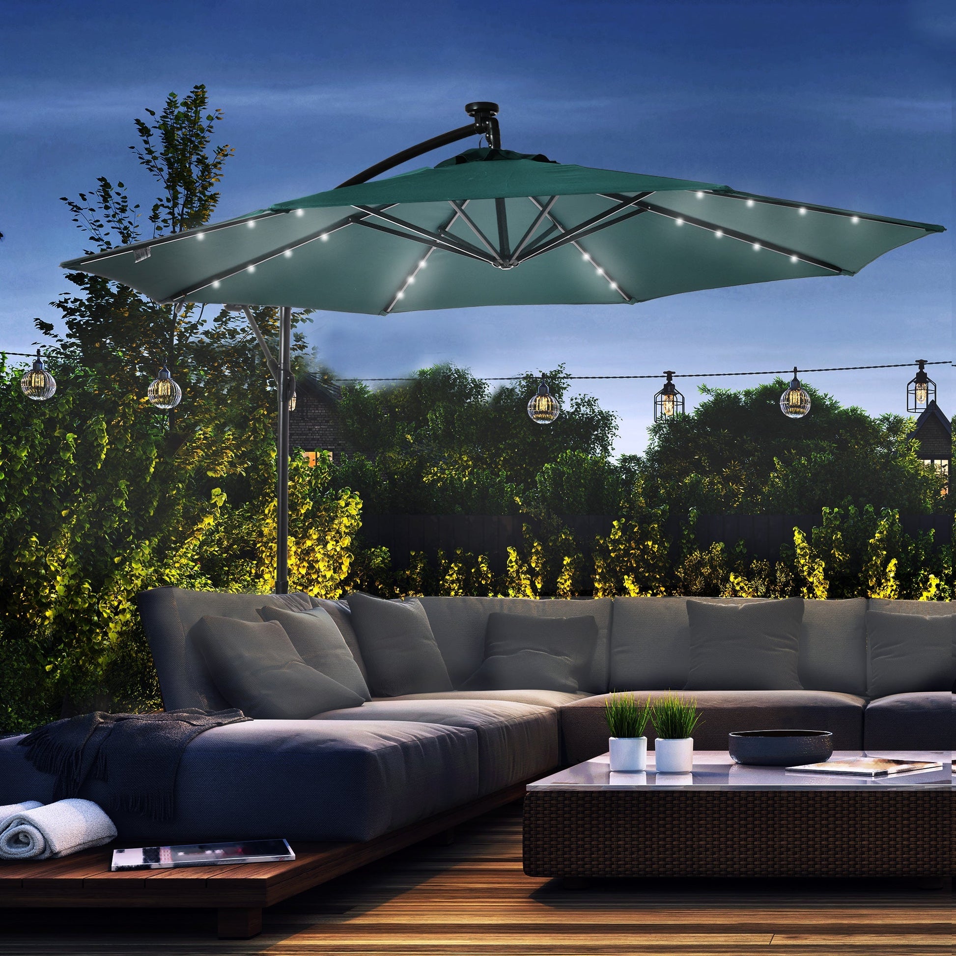 10ft Outdoor Cantilever Umbrella Patio Solor Banana Umbrella with Lights Adjustable Angle for Patio Backyard Dark Green Cantilever Umbrellas   at Gallery Canada