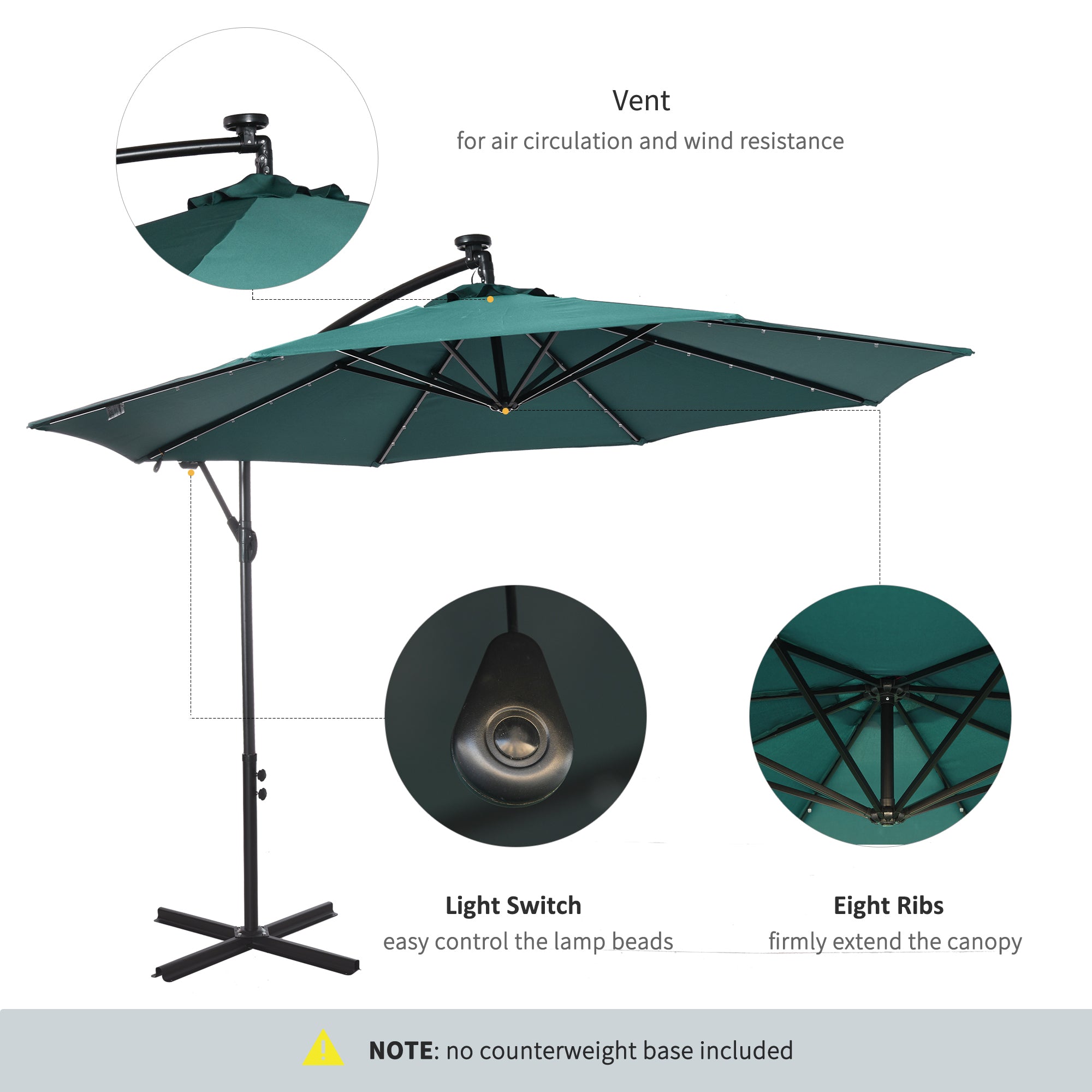 10ft Outdoor Cantilever Umbrella Patio Solor Banana Umbrella with Lights Adjustable Angle for Patio Backyard Dark Green Cantilever Umbrellas   at Gallery Canada