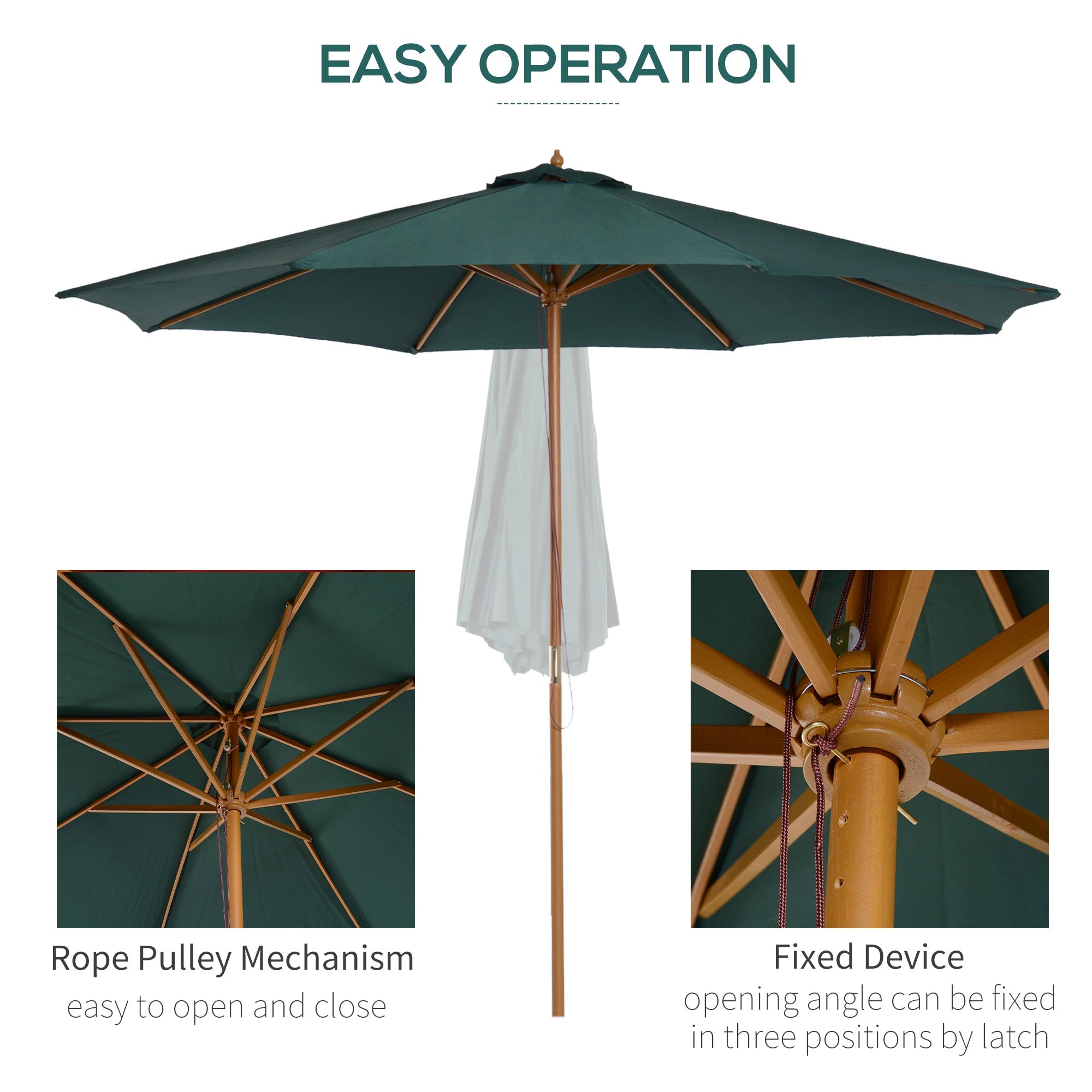 10FT Round Patio Umbrella with Rope Pulley Mechanism, Wooden Market Umbrella, Garden Parasol with 8 Ribs, Dark Green Sun Umbrellas   at Gallery Canada