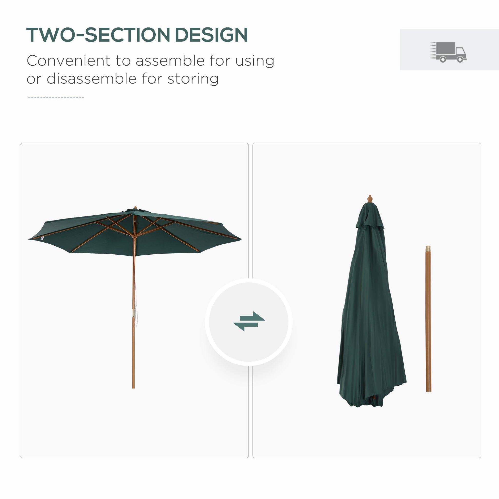 10FT Round Patio Umbrella with Rope Pulley Mechanism, Wooden Market Umbrella, Garden Parasol with 8 Ribs, Dark Green Sun Umbrellas   at Gallery Canada