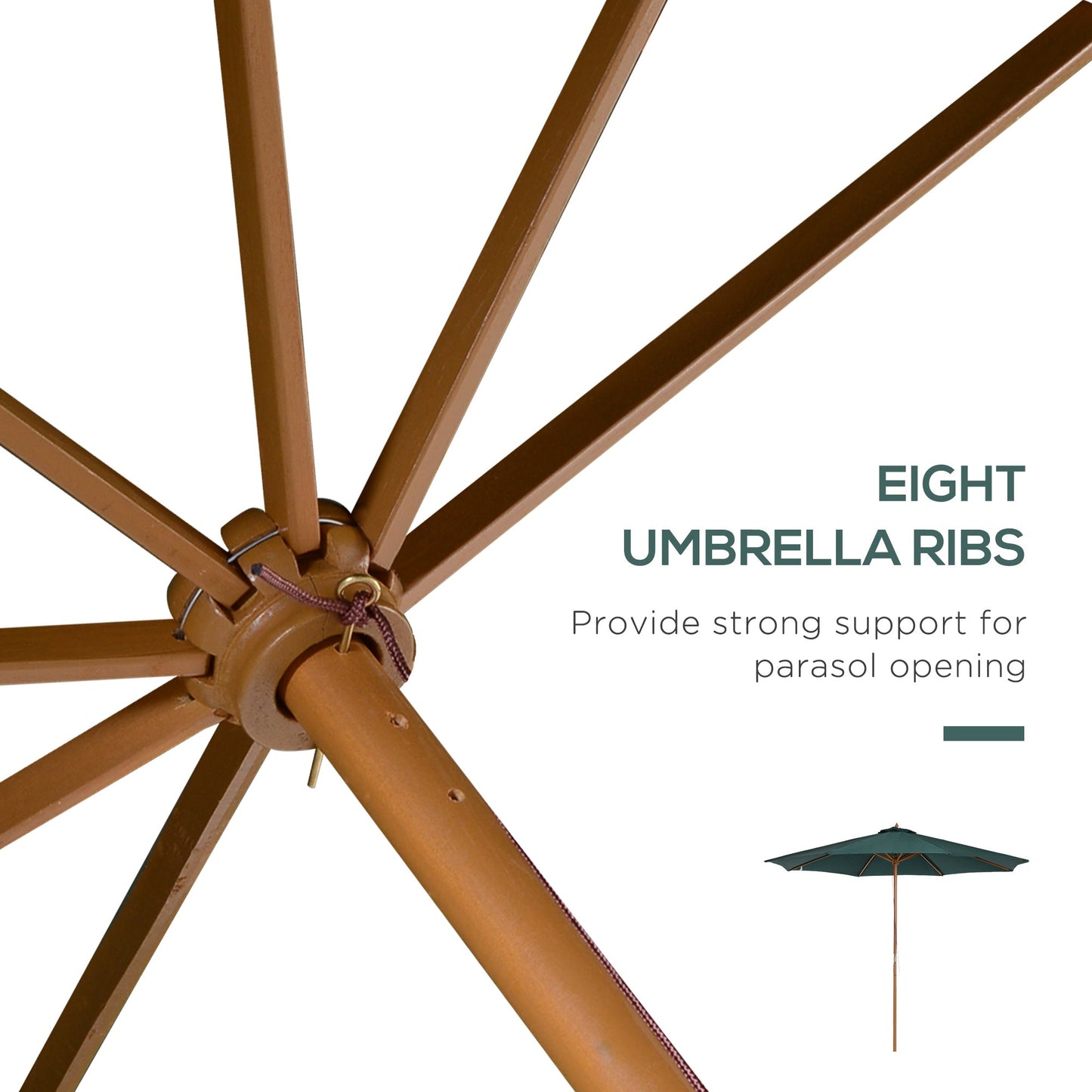 10FT Round Patio Umbrella with Rope Pulley Mechanism, Wooden Market Umbrella, Garden Parasol with 8 Ribs, Dark Green Sun Umbrellas   at Gallery Canada