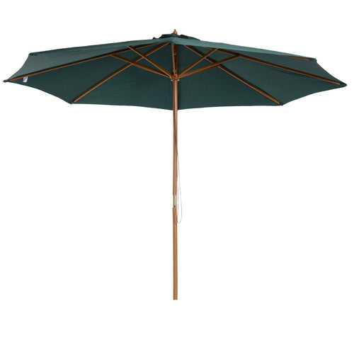 10FT Round Patio Umbrella with Rope Pulley Mechanism, Wooden Market Umbrella, Garden Parasol with 8 Ribs, Dark Green