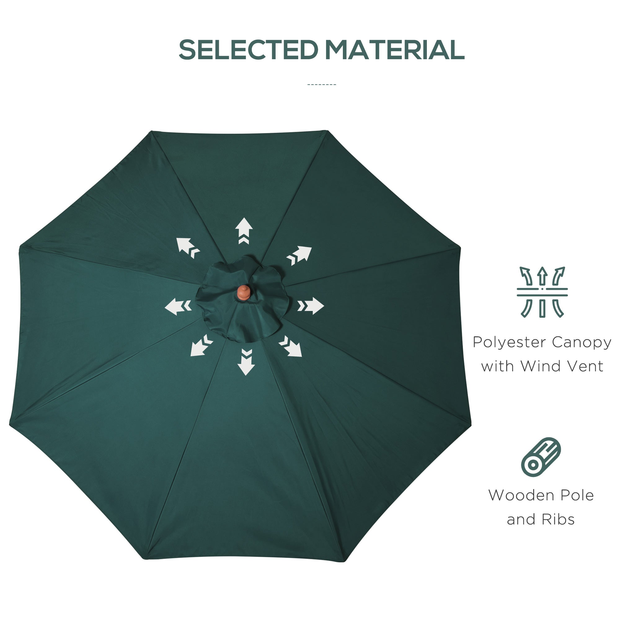 10FT Round Patio Umbrella with Rope Pulley Mechanism, Wooden Market Umbrella, Garden Parasol with 8 Ribs, Dark Green Sun Umbrellas   at Gallery Canada