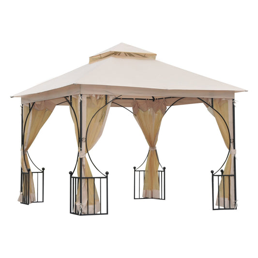 10'x10' Patio Gazebo, Outdoor Garden Canopy for Events Party Backyard with Mosquito Netting Gazebos Beige and Black  at Gallery Canada
