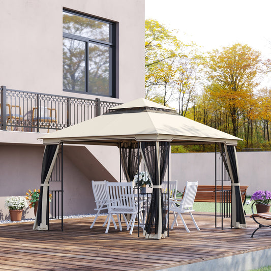 10'x10' Soft-top Patio Gazebo Deck Canopywith Double Tier Roof, Removable Mesh Curtains, Display Shelves, Top Hooks, Beige Gazebos Beige  at Gallery Canada