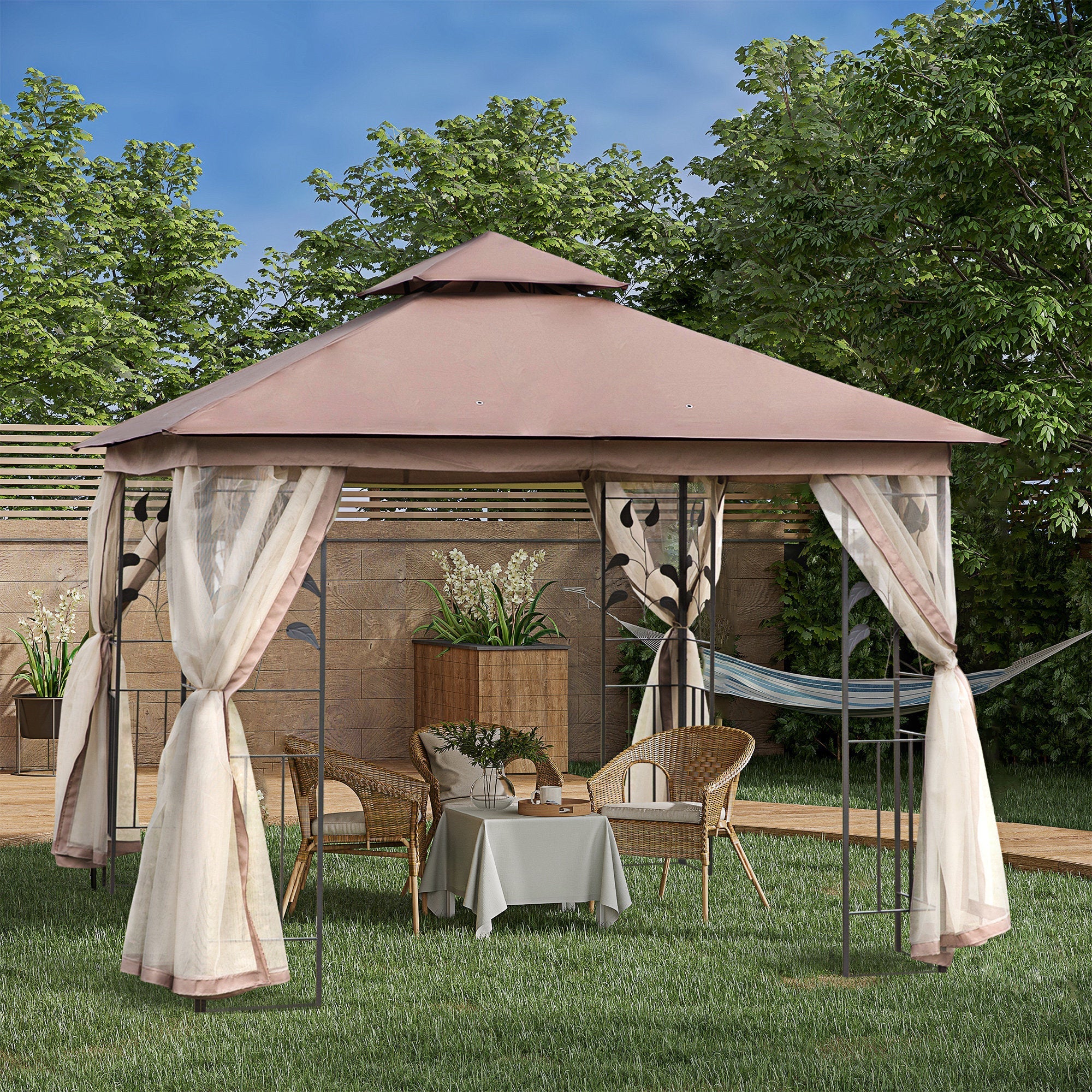 10'x10' Soft-top Steel Patio Gazebo Outdoor Sun Shelter with 2-Tier Polyester Roof, Curtain Sidewalls, Brown Gazebos   at Gallery Canada