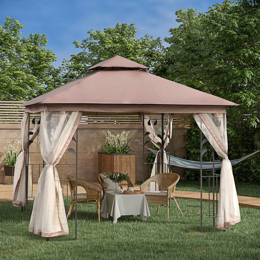 10'x10' Soft-top Steel Patio Gazebo Outdoor Sun Shelter with 2-Tier Polyester Roof, Curtain Sidewalls, Brown Gazebos Multi Colour  at Gallery Canada