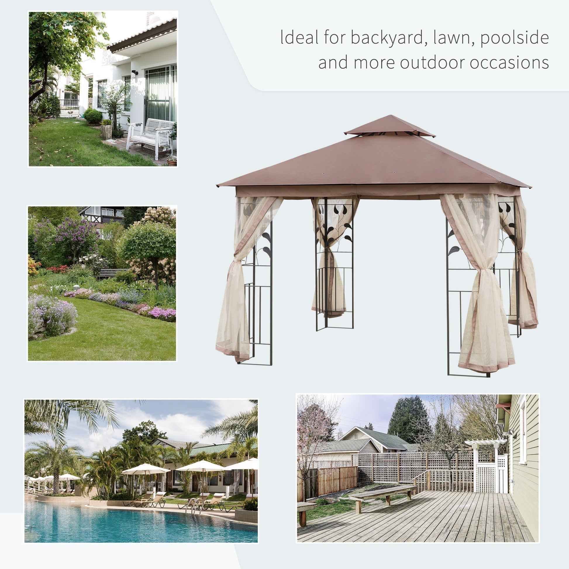 10'x10' Soft-top Steel Patio Gazebo Outdoor Sun Shelter with 2-Tier Polyester Roof, Curtain Sidewalls, Brown Gazebos   at Gallery Canada