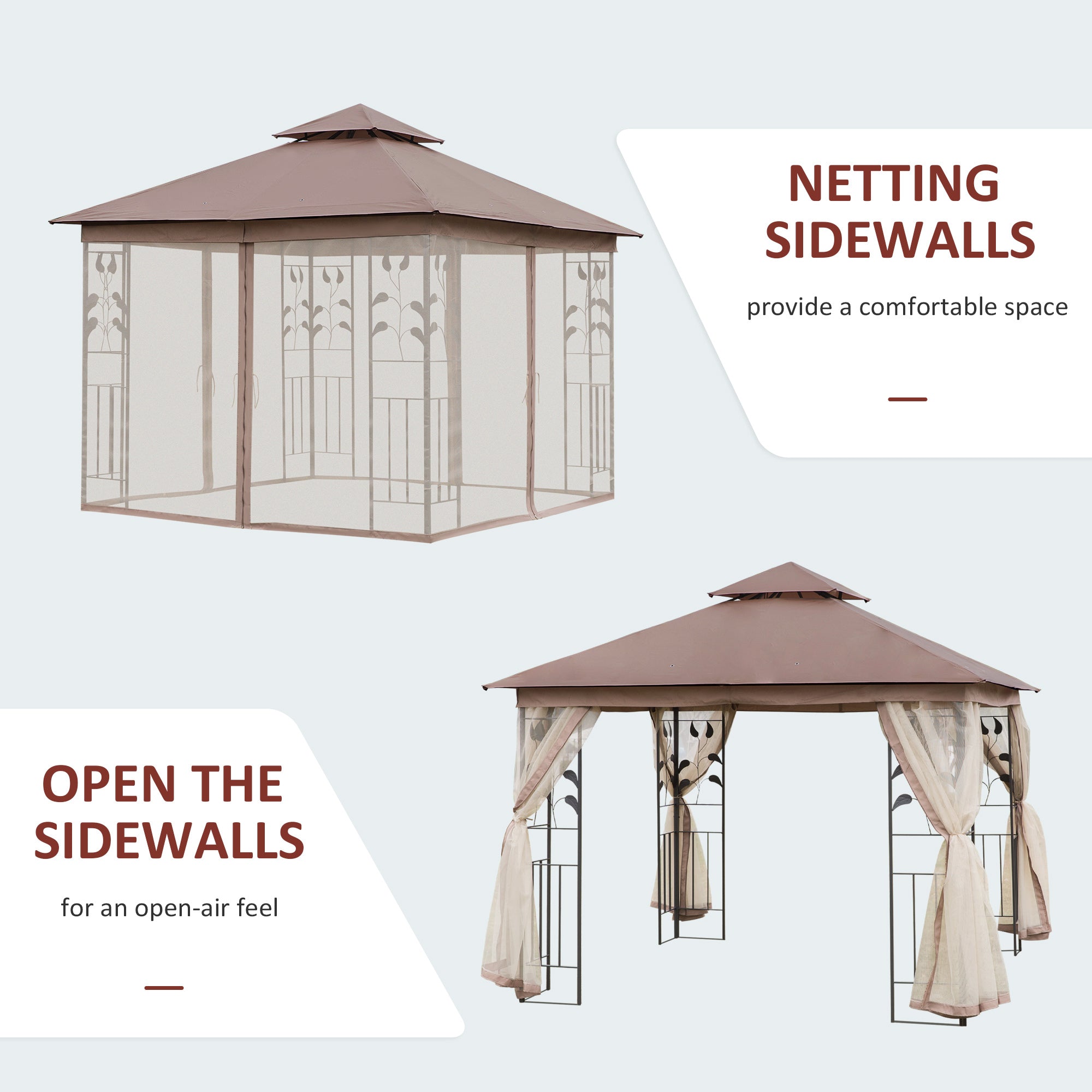 10'x10' Soft-top Steel Patio Gazebo Outdoor Sun Shelter with 2-Tier Polyester Roof, Curtain Sidewalls, Brown Gazebos   at Gallery Canada