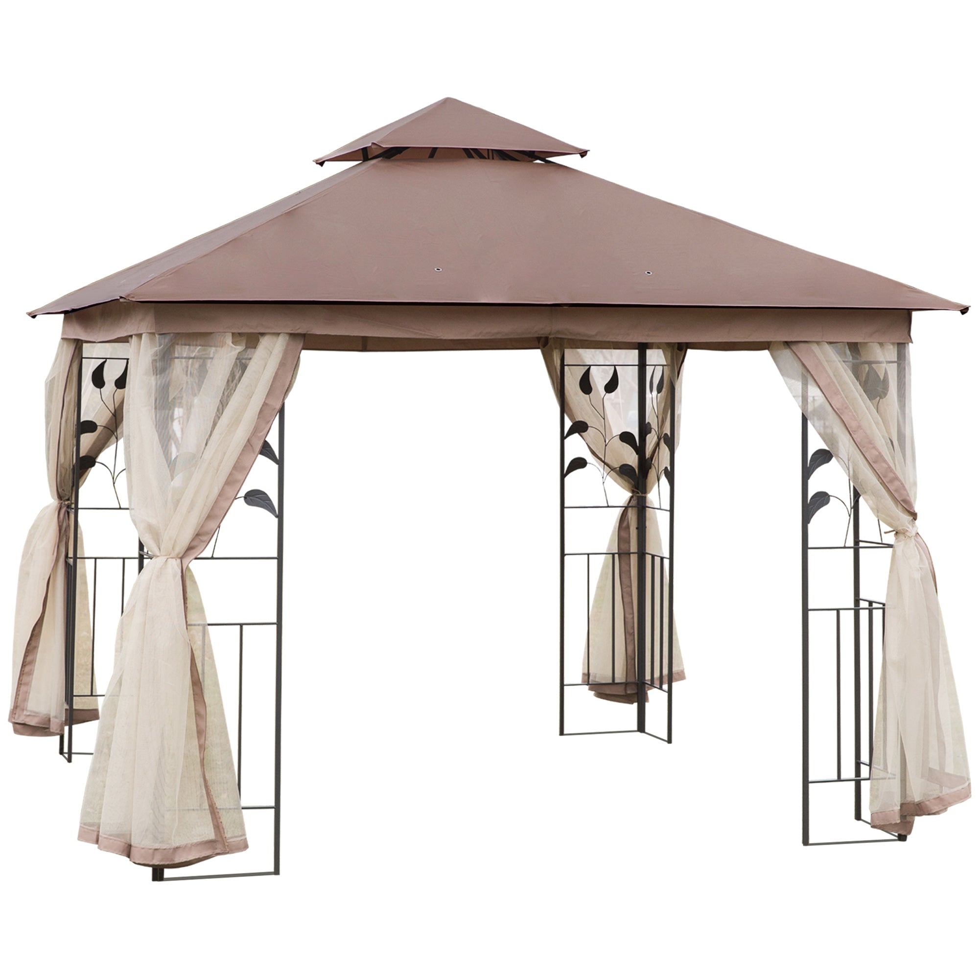 10'x10' Soft-top Steel Patio Gazebo Outdoor Sun Shelter with 2-Tier Polyester Roof, Curtain Sidewalls, Brown Gazebos Multi Colour  at Gallery Canada