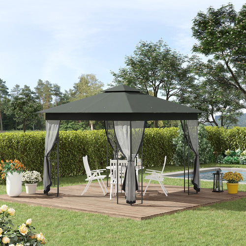 10'x10' Soft-top Steel Patio Gazebo Outdoor Sun Shelter with 2-Tier Polyester Roof, Curtain Sidewalls, Grey