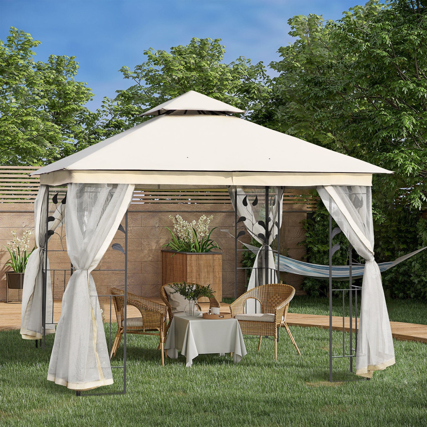 10'x10' Soft-top Steel Patio Gazebo Outdoor Sun Shelter with 2-Tier Polyester Roof, Curtain Sidewalls, White Gazebos   at Gallery Canada