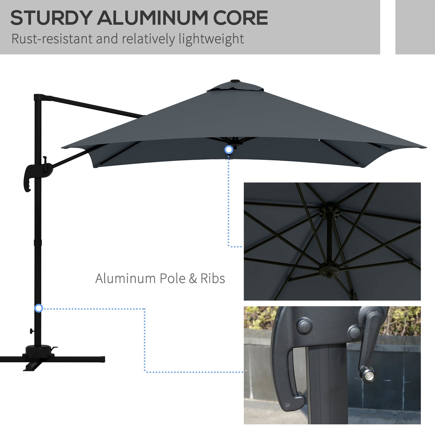 10x10ft Cantilever Umbrella Rotatable Square Market Parasol, 4 Adjustable Angle for Outdoor Backyard Patio Dark Grey Cantilever Umbrellas   at Gallery Canada