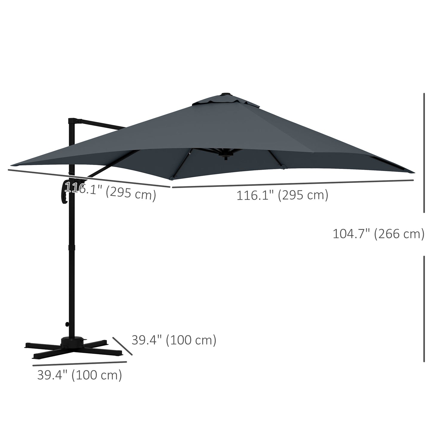 10x10ft Cantilever Umbrella Rotatable Square Market Parasol, 4 Adjustable Angle for Outdoor Backyard Patio Dark Grey Cantilever Umbrellas   at Gallery Canada