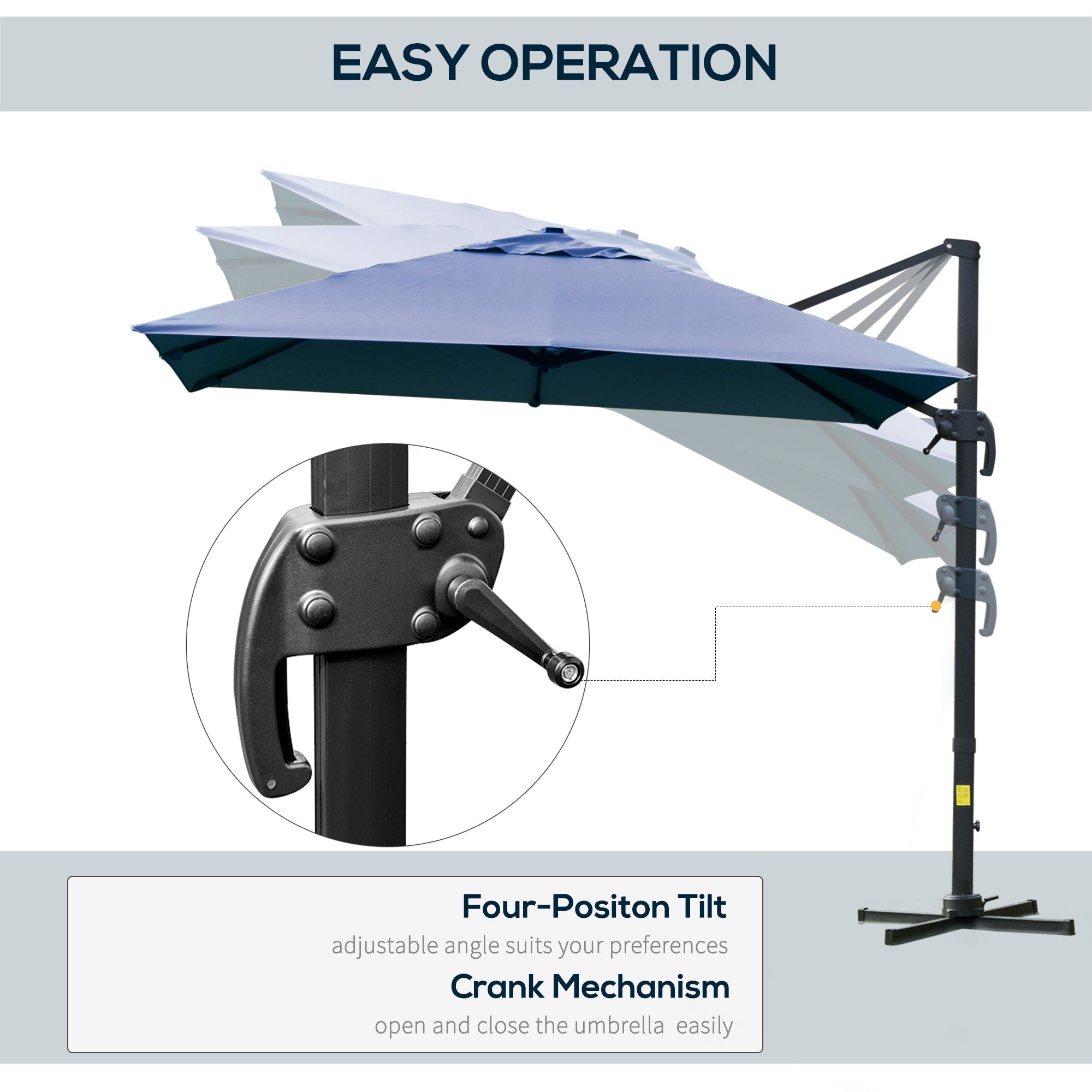 10x10ft Cantilever Umbrella Rotatable Square Top Market Parasol with 4 Adjustable Angle for Backyard Patio Outdoor Area, Blue Cantilever Umbrellas   at Gallery Canada