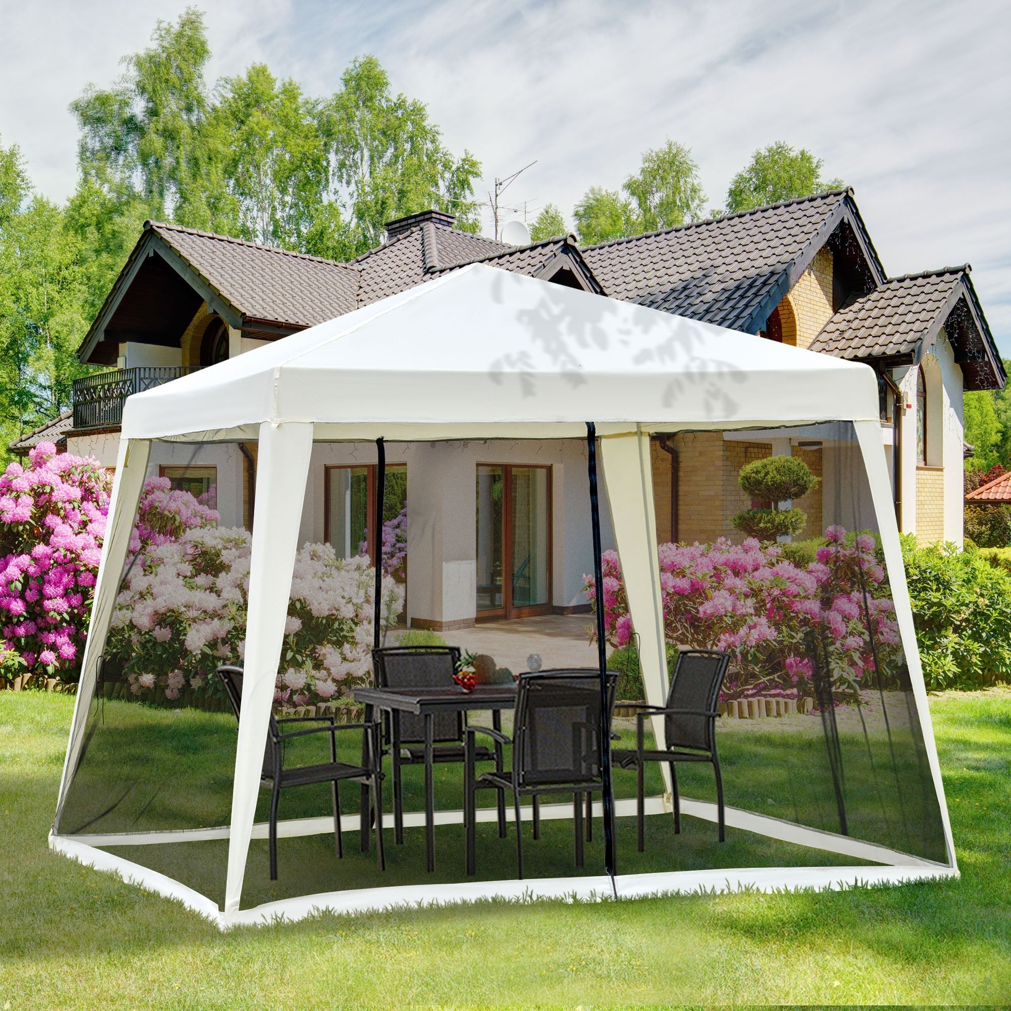 10x10ft Party Tent Canopy with Netting, Patio Screen House Slant Leg Outdoor Gazebo Sun Shade Shelter, Beige Canopy Tents   at Gallery Canada