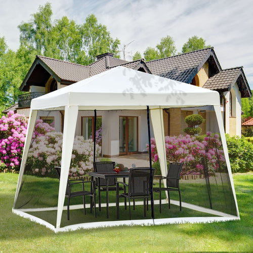 10x10ft Party Tent Canopy with Netting, Patio Screen House Slant Leg Outdoor Gazebo Sun Shade Shelter, Beige