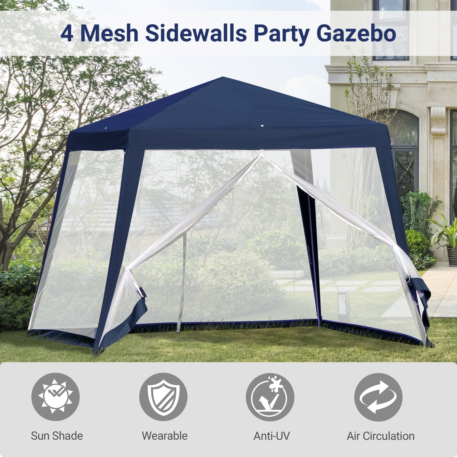 10x10ft Party Tent Canopy with Netting, Patio Screen House Slant Leg Outdoor Gazebo Sun Shade Shelter, Blue Canopy Tents   at Gallery Canada