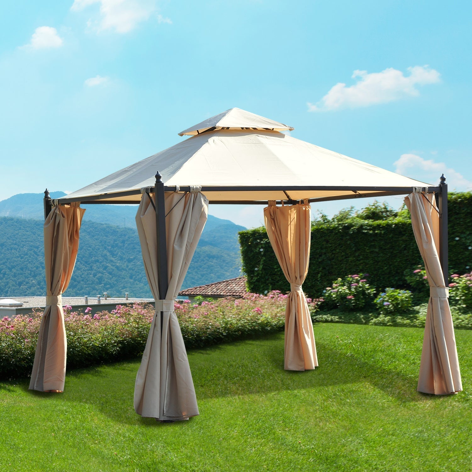 10x10ft Patio Gazebo Canopy Double-tire Garden Shelter Outdoor Sun Shade with Curtains, Beige Gazebos   at Gallery Canada