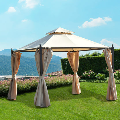 10x10ft Patio Gazebo Canopy Double-tire Garden Shelter Outdoor Sun Shade with Curtains, Beige Gazebos   at Gallery Canada