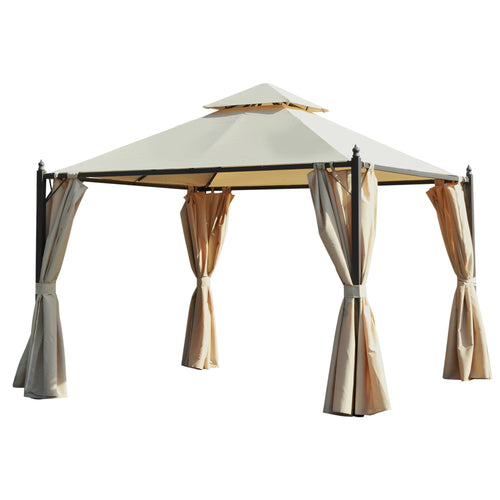 10x10ft Patio Gazebo Canopy Double-tire Garden Shelter Outdoor Sun Shade with Curtains, Beige