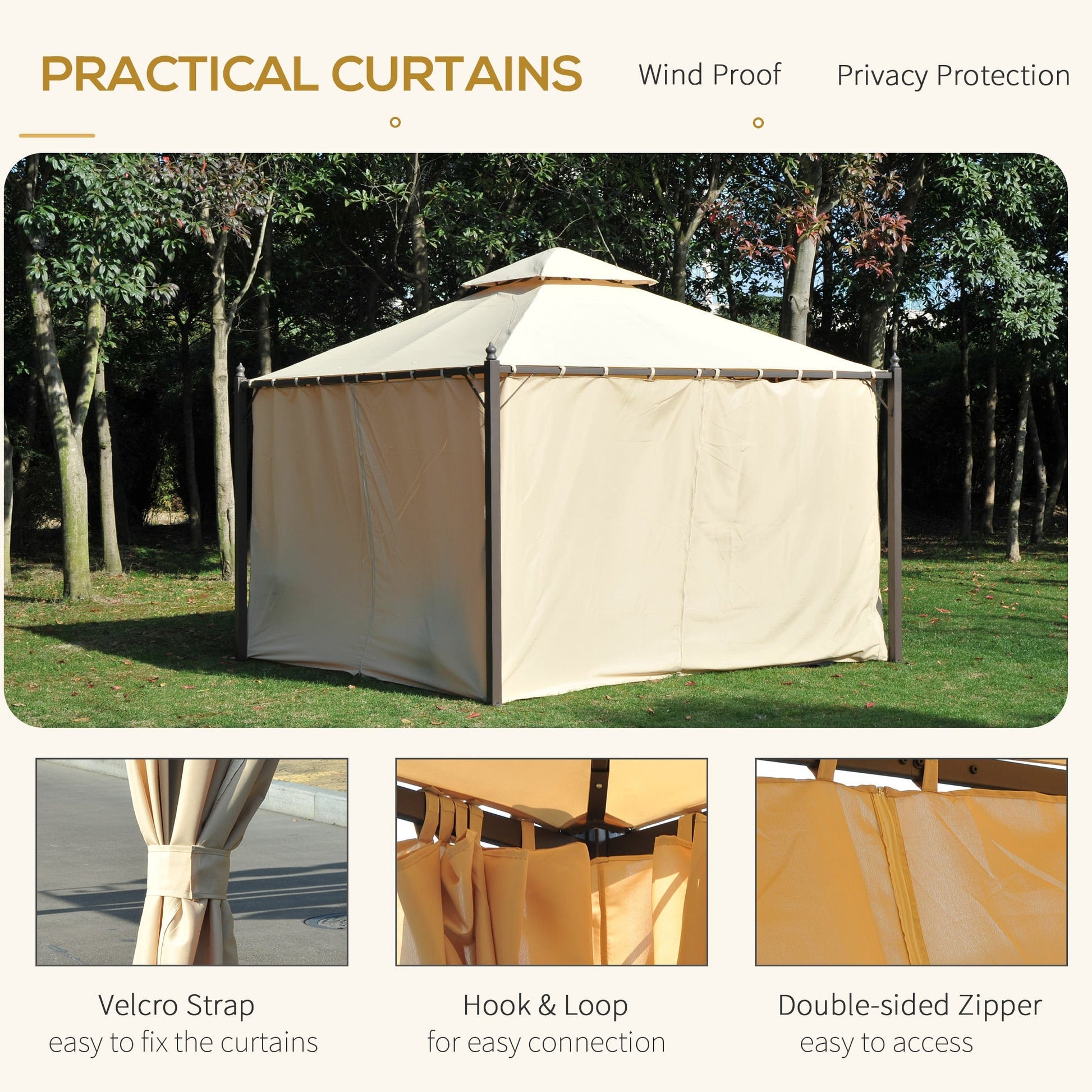 10x10ft Patio Gazebo Canopy Double-tire Garden Shelter Outdoor Sun Shade with Curtains, Beige Gazebos   at Gallery Canada