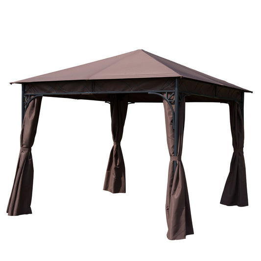 10x10ft Steel Garden Gazebo Patio Canopy Outdoor Event Party Tent Backyard Sun Shelter with Curtain Coffee - Gallery Canada