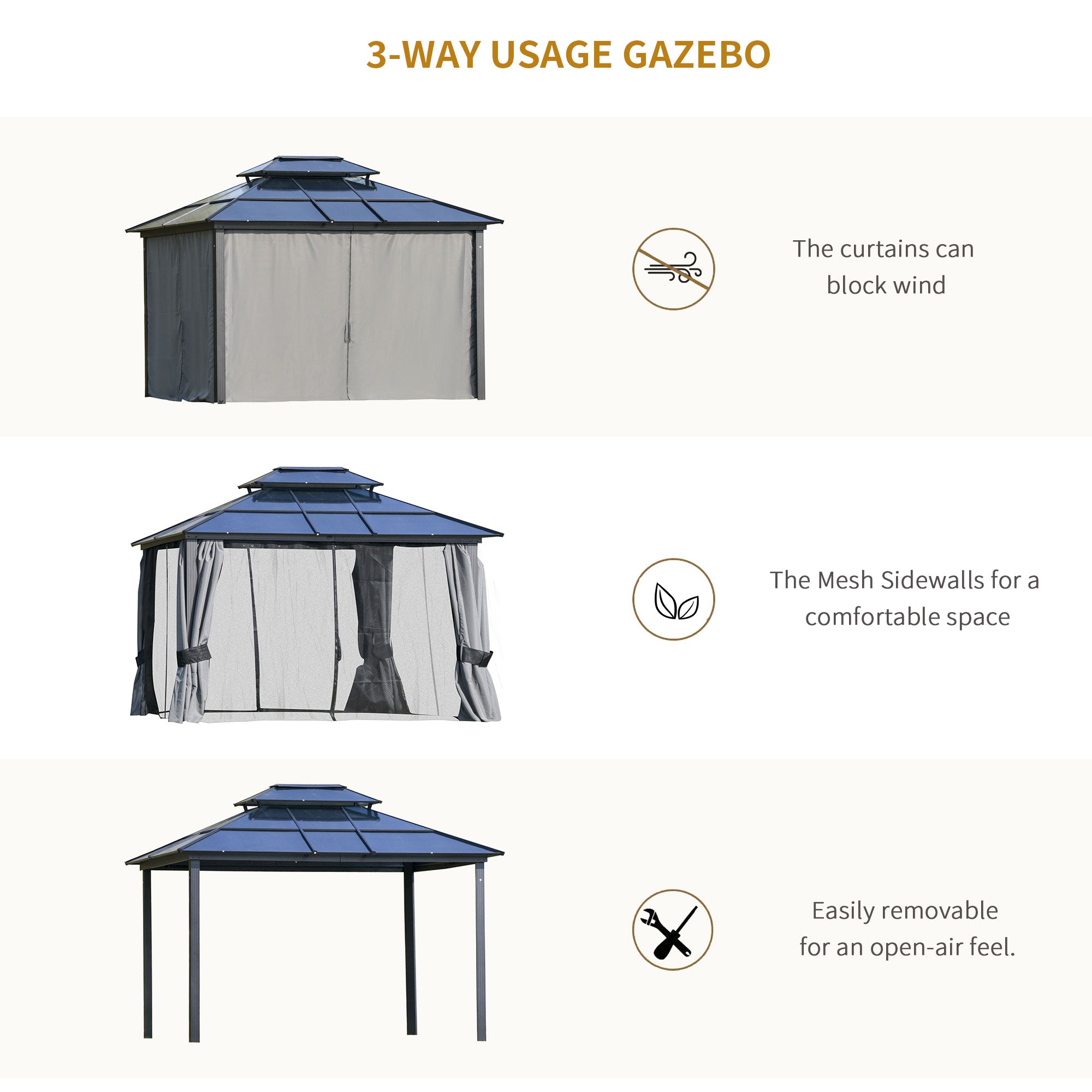 10'x12' Hardtop Patio Gazebo Aluminum Gazebo Canopy with Double Tier Roof, Curtains, Netting Sidewalls, Black &; Grey Gazebos   at Gallery Canada