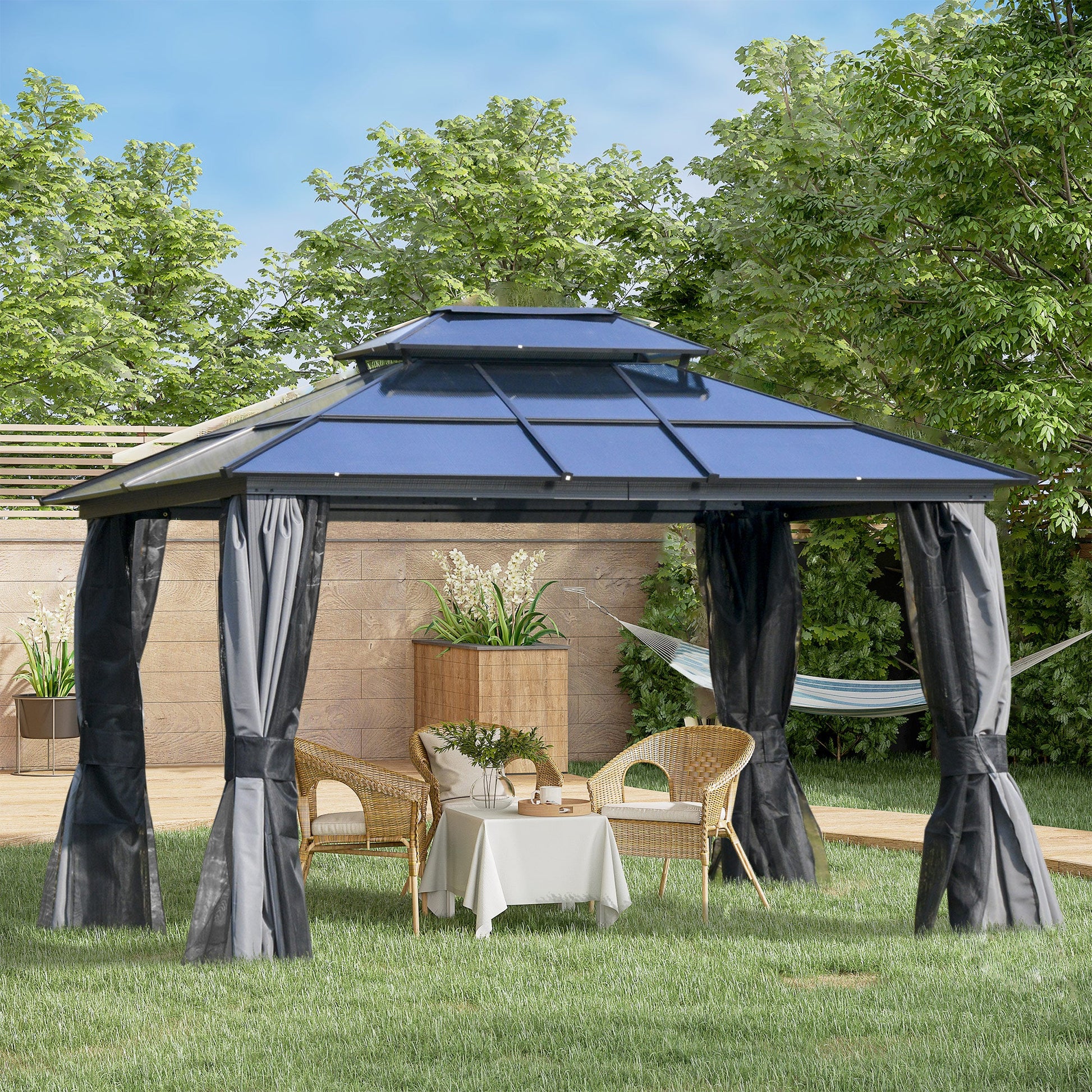 10'x12' Hardtop Patio Gazebo Aluminum Gazebo Canopy with Double Tier Roof, Curtains, Netting Sidewalls, Black &; Grey Gazebos   at Gallery Canada