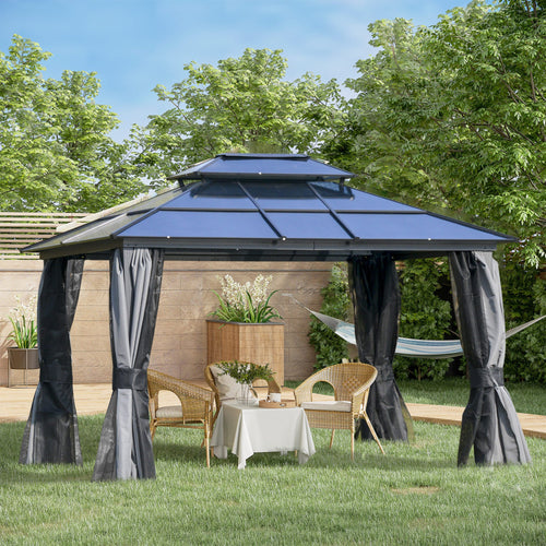 10'x12' Hardtop Patio Gazebo Aluminum Gazebo Canopy with Double Tier Roof, Curtains, Netting Sidewalls, Black &; Grey