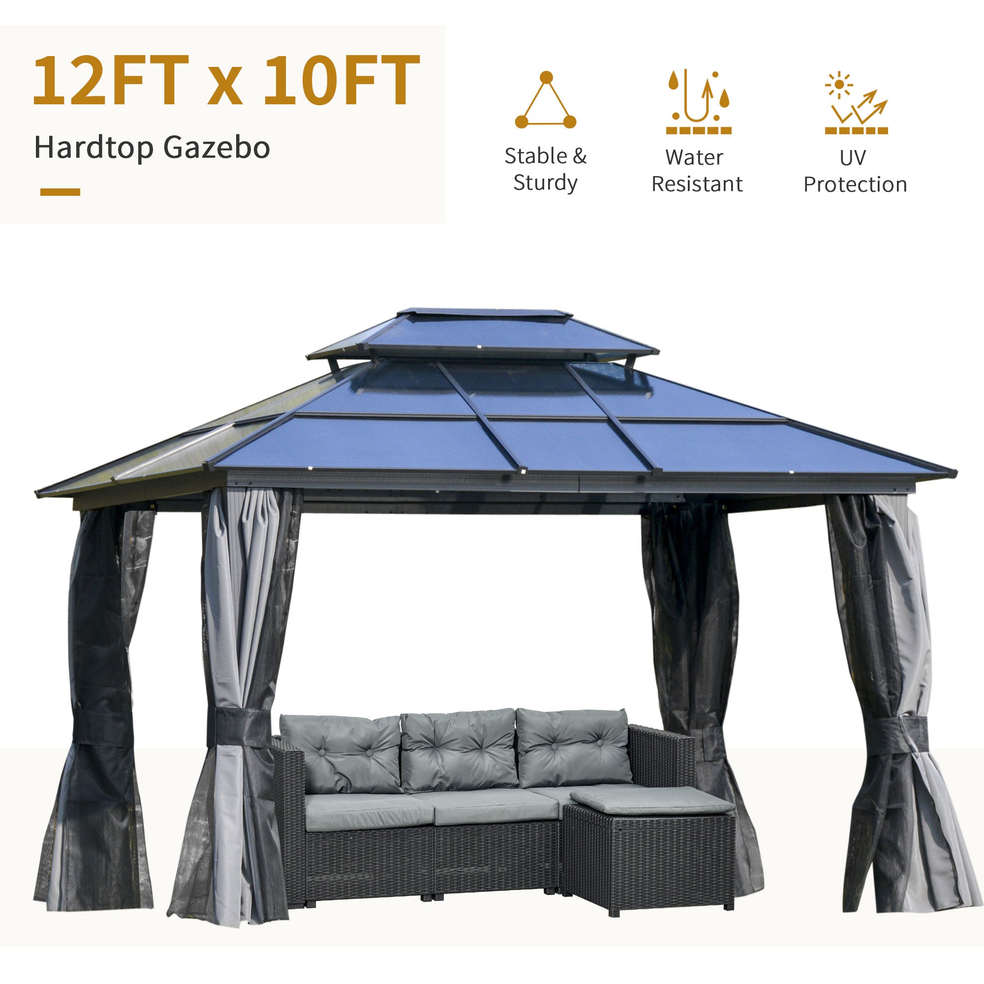 10'x12' Hardtop Patio Gazebo Aluminum Gazebo Canopy with Double Tier Roof, Curtains, Netting Sidewalls, Black &; Grey Gazebos   at Gallery Canada