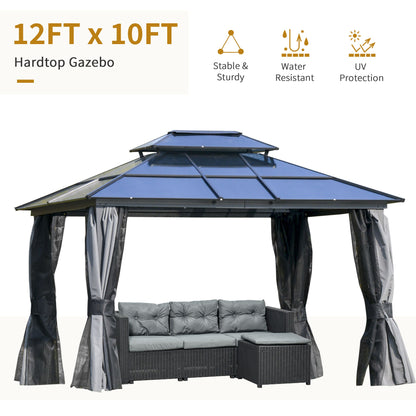 10'x12' Hardtop Patio Gazebo Aluminum Gazebo Canopy with Double Tier Roof, Curtains, Netting Sidewalls, Black &; Grey Gazebos   at Gallery Canada