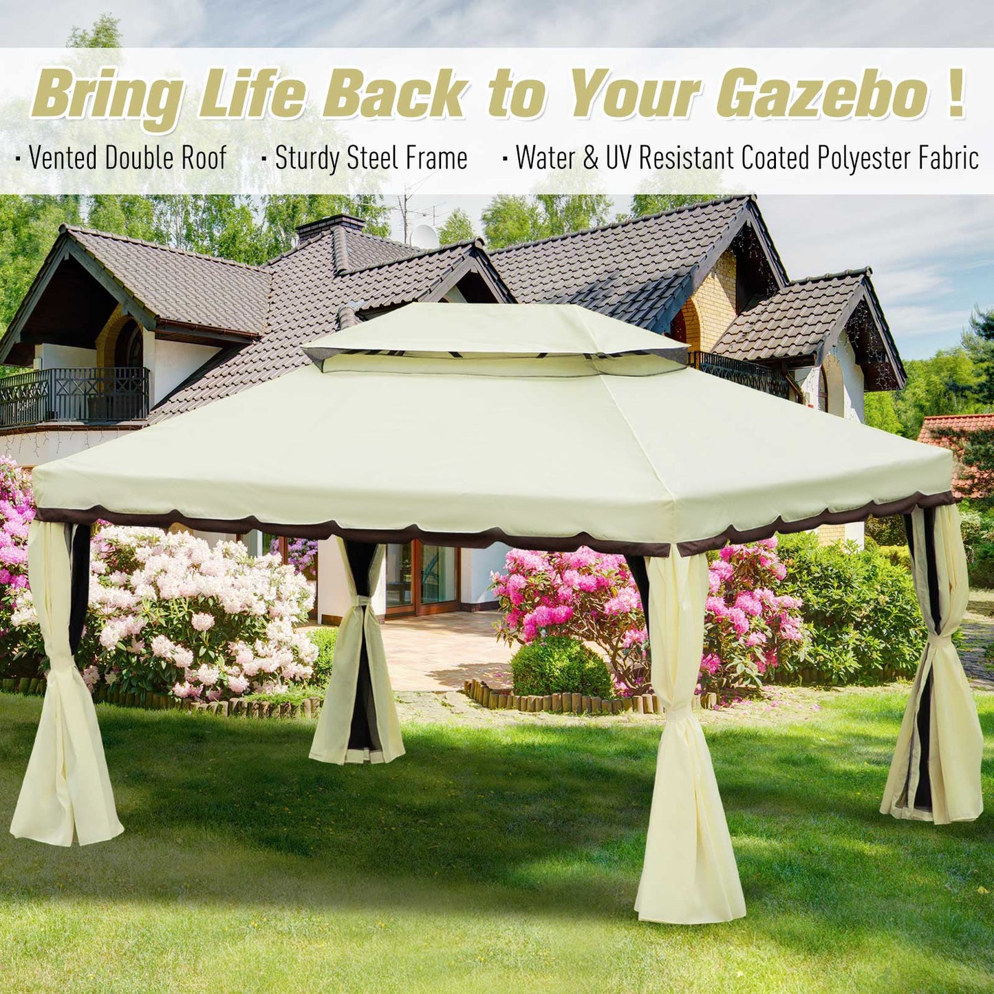 10'x13' Soft-top Aluminum Gazebo Deck Canopy Double Tier Garden Shelter with Netting and Curtains, Cream White Gazebos   at Gallery Canada