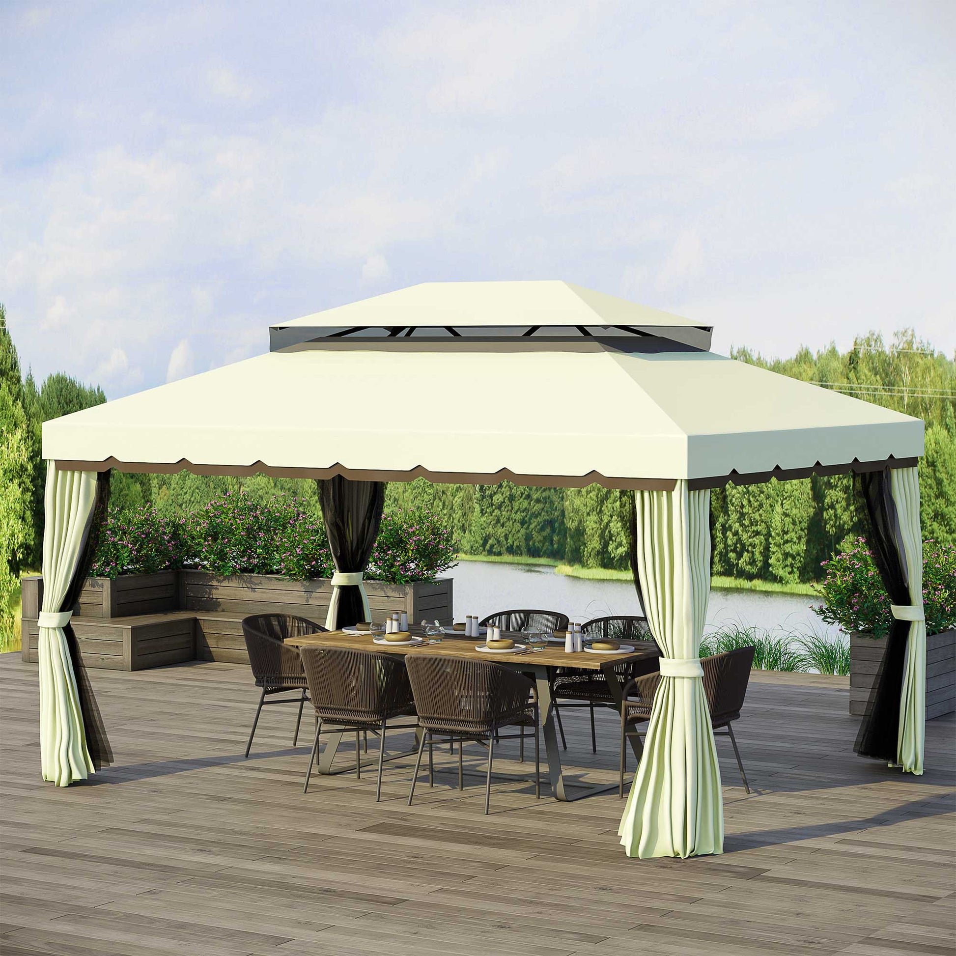 10'x13' Soft-top Aluminum Gazebo Deck Canopy Double Tier Garden Shelter with Netting and Curtains, Cream White Gazebos   at Gallery Canada