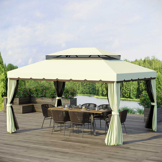 10'x13' Soft-top Aluminum Gazebo Deck Canopy Double Tier Garden Shelter with Netting and Curtains, Cream White Gazebos Cream  at Gallery Canada