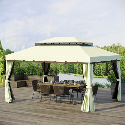 10'x13' Soft-top Aluminum Gazebo Deck Canopy Double Tier Garden Shelter with Netting and Curtains, Cream White