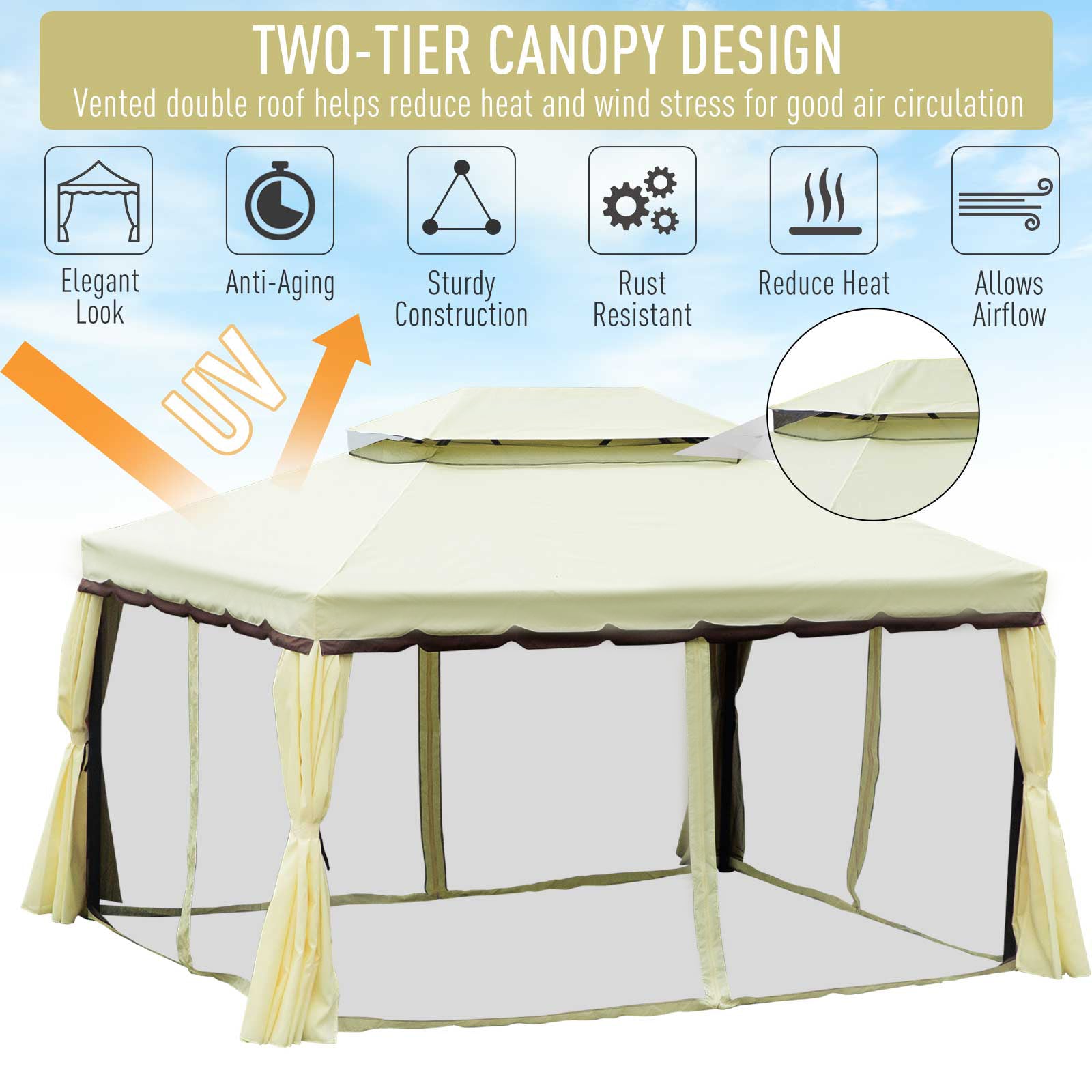 10'x13' Soft-top Aluminum Gazebo Deck Canopy Double Tier Garden Shelter with Netting and Curtains, Cream White Gazebos   at Gallery Canada