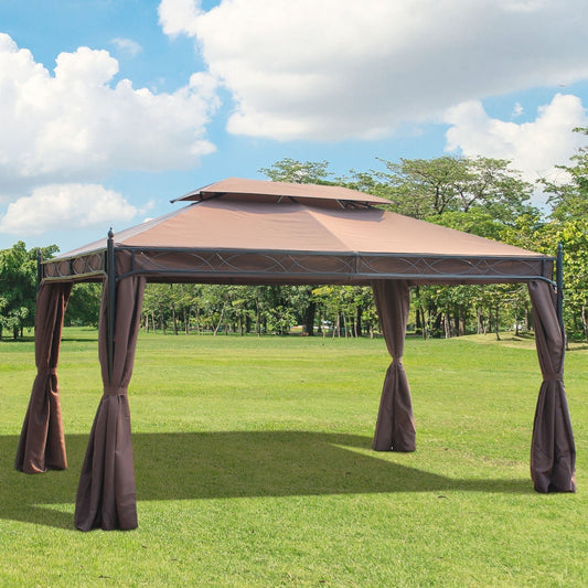 10x13ft Garden Gazebo Double-Tiered with Curtain Outdoor Shelter Backyard Canopy, Coffee Gazebos Dark Coffee  at Gallery Canada