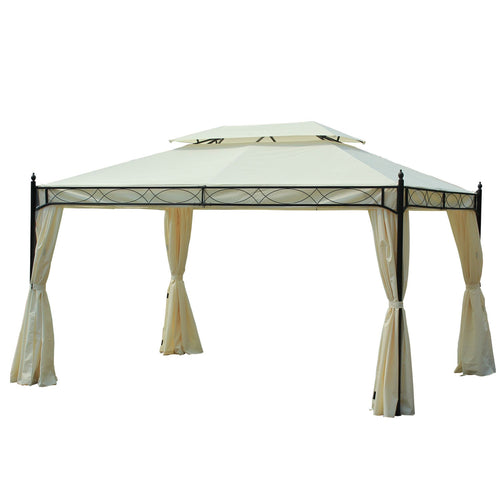 10x13ft Garden Gazebo Double-Tiered with Curtain Outdoor Shelter Backyard Canopy Cream White