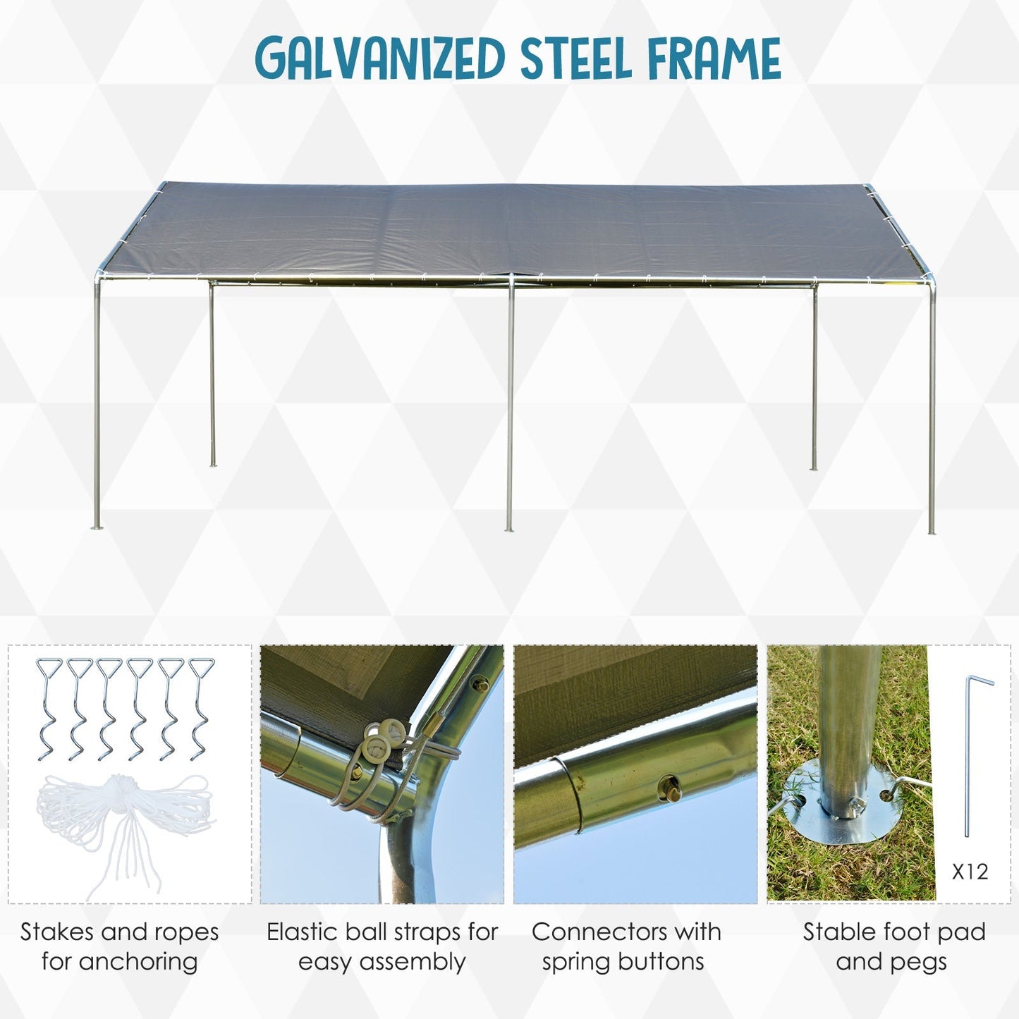 10'x20' Carport Heavy Duty Galvanized Car Canopy with Included Anchor Kit, 3 Reinforced Steel Cables, Grey Car Shelters   at Gallery Canada