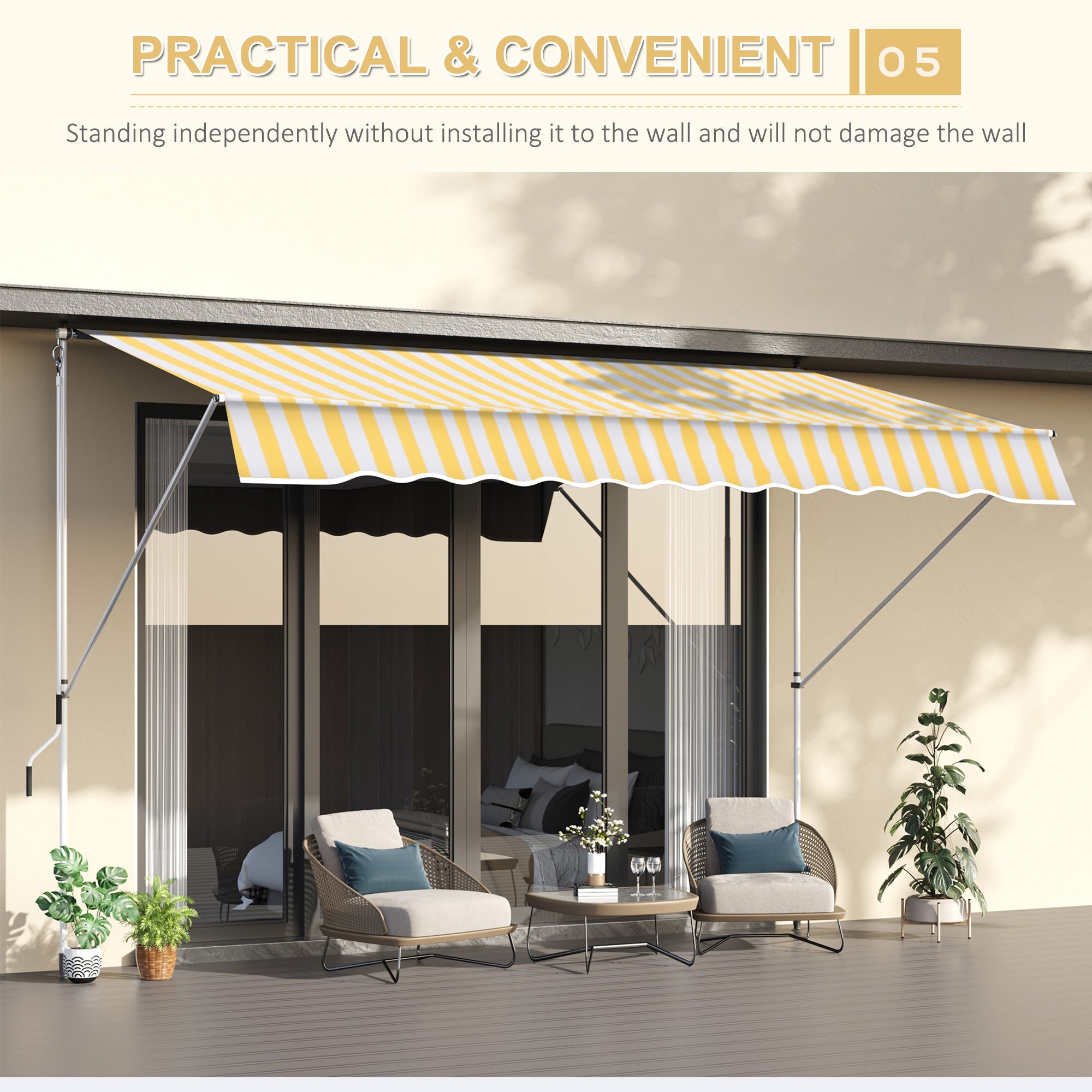 Manual Retractable 10x5ft Awning, Water-Resistant UV Shade with Adjustable Pole, Yellow Door Awnings   at Gallery Canada