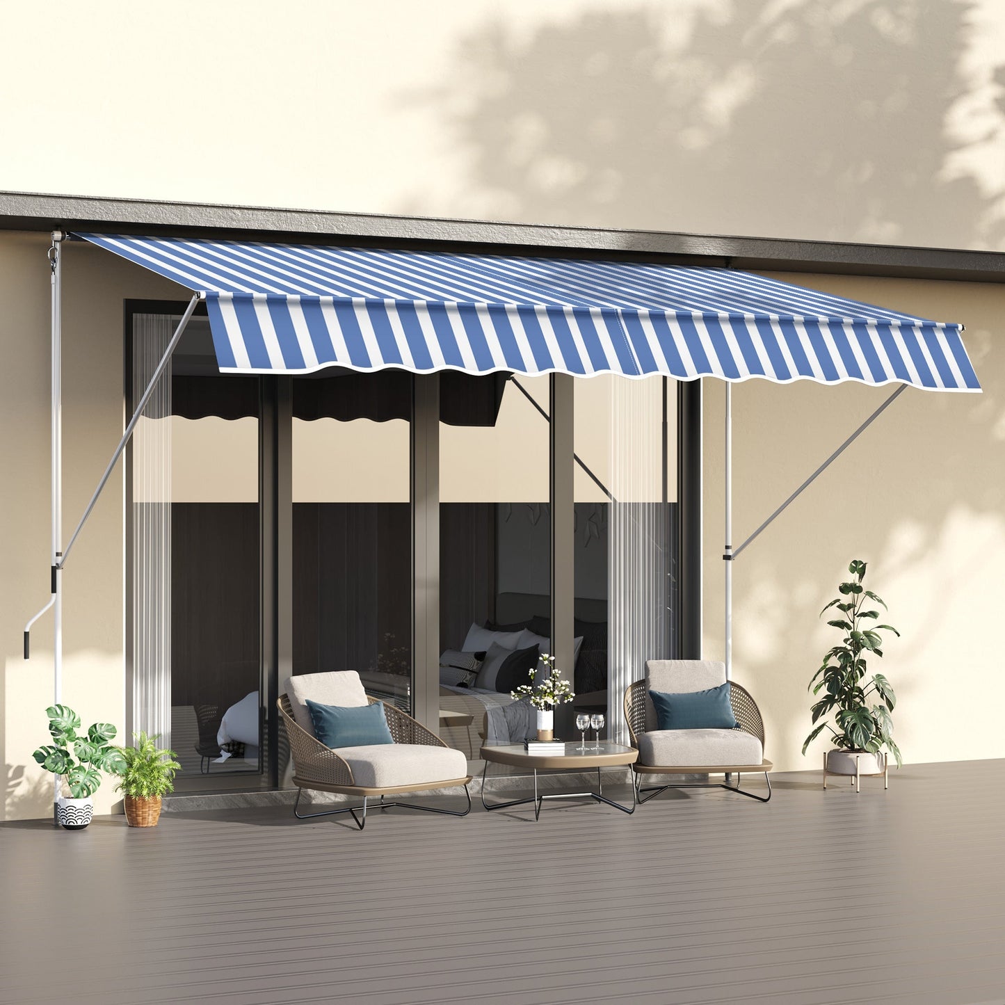 Manual Retractable 10x5ft Awning, Water-Resistant UV Protector, Blue/White Door Awnings   at Gallery Canada