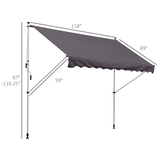 10x5ft Manual Retractable Awning, Patio Sun Shade Canopy Shelter with 5.6-9.2ft Support Pole, Water Resistant UV Protector, for Window, Door, Porch, Deck, Grey - Gallery Canada
