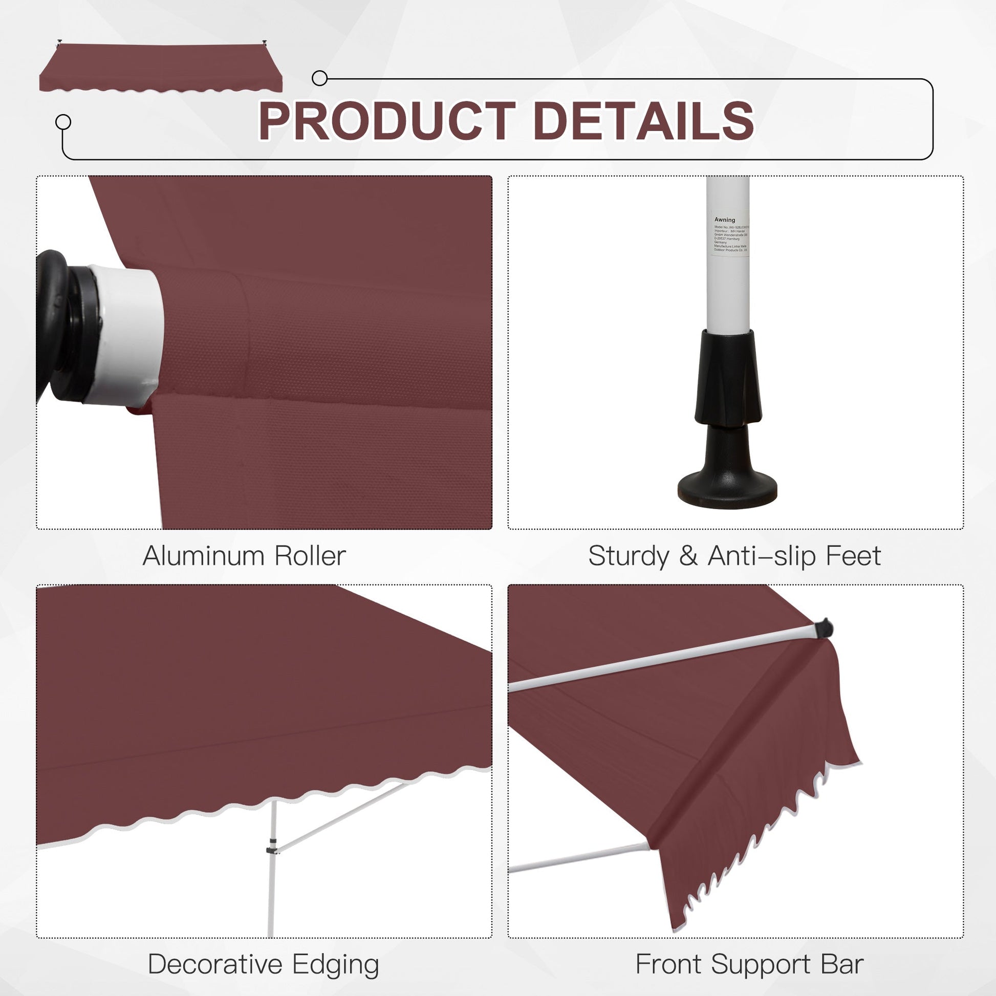 10x5ft Patio Sun Shade Canopy Manual Retractable Awning with 5.6-9.2ft Support Pole for Window, Door, Porch, Wine Red Patio Awnings   at Gallery Canada