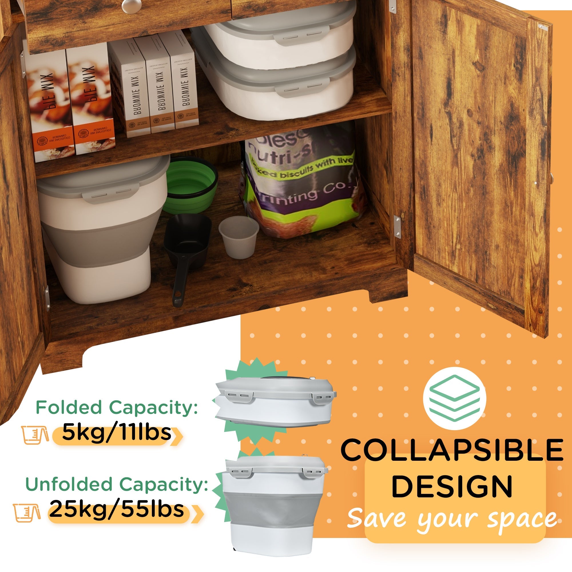 11-55lb Dog Food Storage Container Collapsible Design with Airtight Lids, Rolling Wheels, Cup, Bowl, Spoon, Grey Dog Bowls   at Gallery Canada